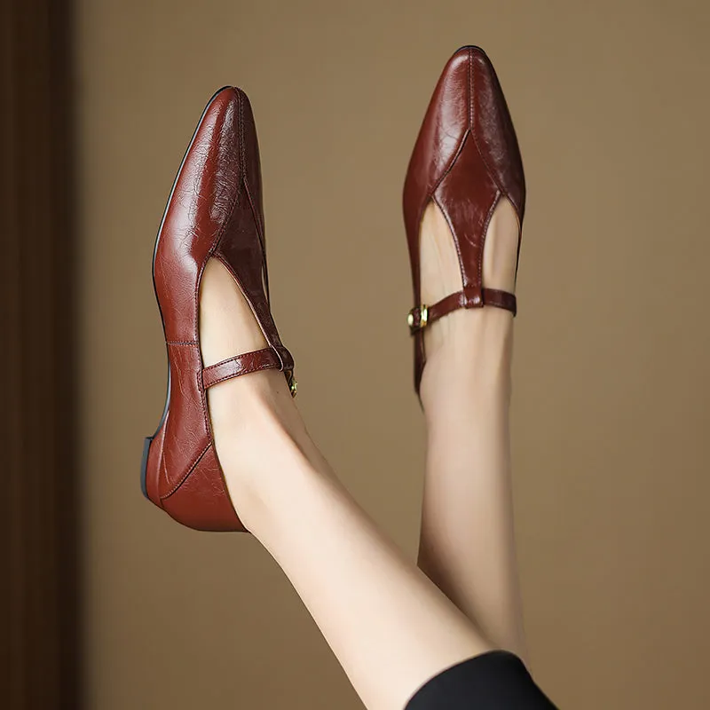 Sheepskin Pointed Toe T-Strap Buckle Low Heel Mary Jane Dress Shoes Women's Shoes