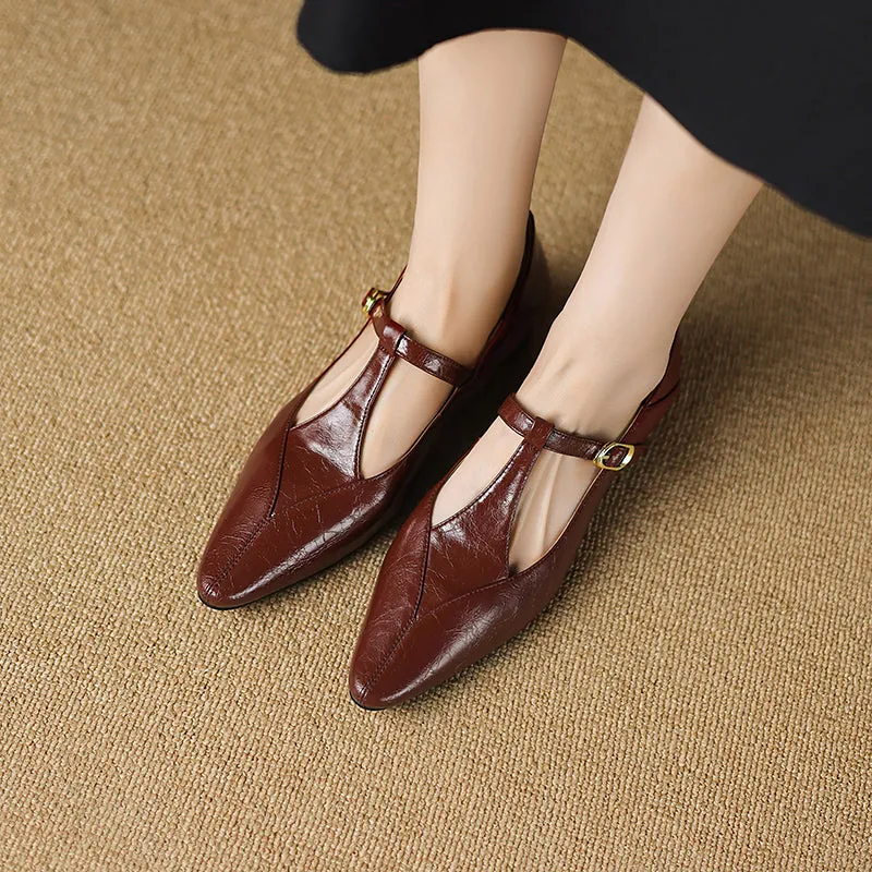 Sheepskin Pointed Toe T-Strap Buckle Low Heel Mary Jane Dress Shoes Women's Shoes