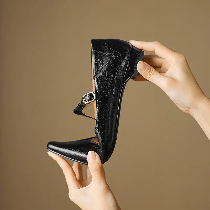 Sheepskin Pointed Toe T-Strap Buckle Low Heel Mary Jane Dress Shoes Women's Shoes