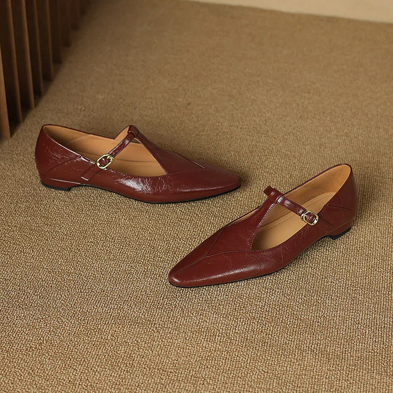 Sheepskin Pointed Toe T-Strap Buckle Low Heel Mary Jane Dress Shoes Women's Shoes