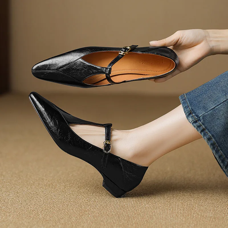 Sheepskin Pointed Toe T-Strap Buckle Low Heel Mary Jane Dress Shoes Women's Shoes