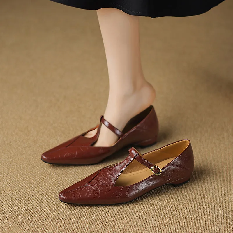 Sheepskin Pointed Toe T-Strap Buckle Low Heel Mary Jane Dress Shoes Women's Shoes