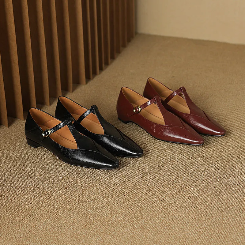 Sheepskin Pointed Toe T-Strap Buckle Low Heel Mary Jane Dress Shoes Women's Shoes