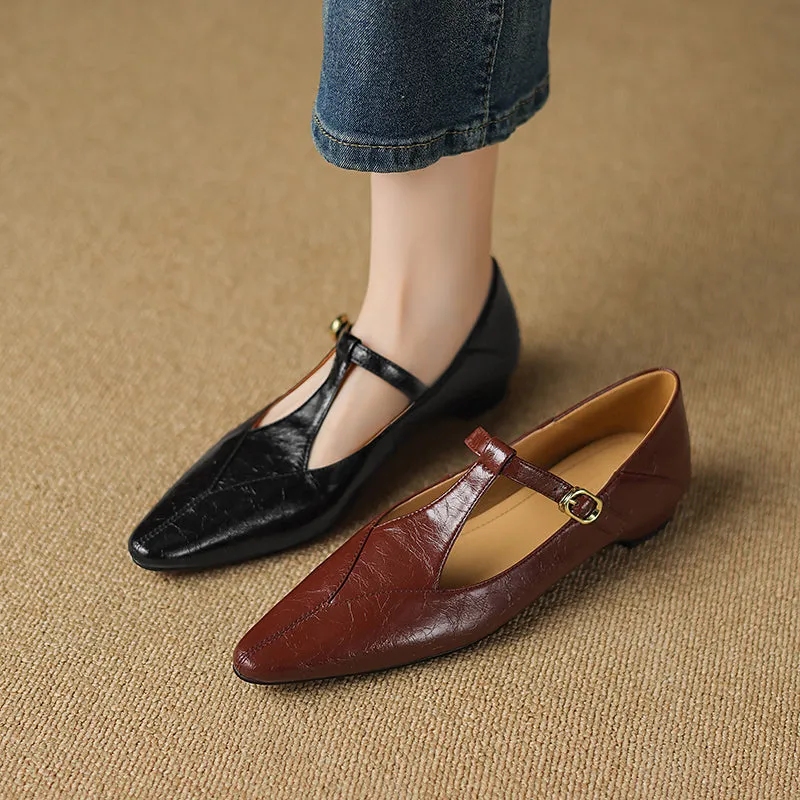 Sheepskin Pointed Toe T-Strap Buckle Low Heel Mary Jane Dress Shoes Women's Shoes