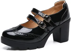 SHEMEE Women's Chunky Platform Patent Leather Mary Janes Pumps Buckle Ankle Strap Block High Heels Wingtip Oxfords Dress Shoes Uniform