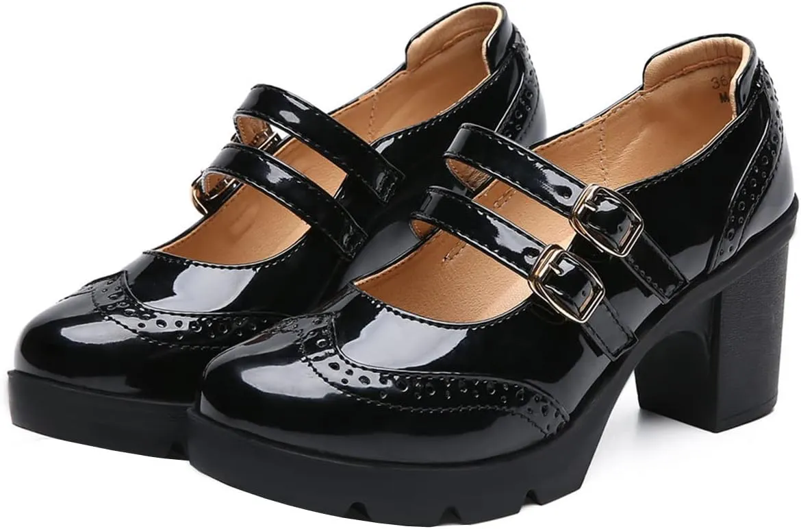 SHEMEE Women's Chunky Platform Patent Leather Mary Janes Pumps Buckle Ankle Strap Block High Heels Wingtip Oxfords Dress Shoes Uniform