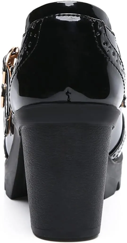 SHEMEE Women's Chunky Platform Patent Leather Mary Janes Pumps Buckle Ankle Strap Block High Heels Wingtip Oxfords Dress Shoes Uniform