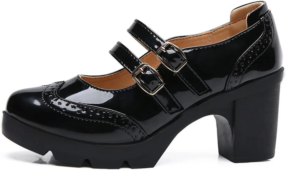 SHEMEE Women's Chunky Platform Patent Leather Mary Janes Pumps Buckle Ankle Strap Block High Heels Wingtip Oxfords Dress Shoes Uniform