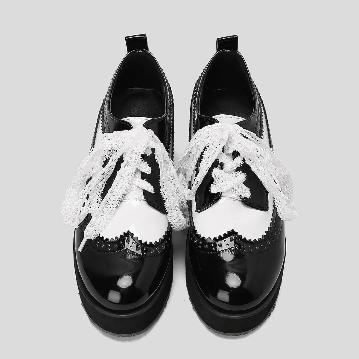 SHEMEE Women's Patent Leather Wedge Heel Platform Oxfords Pumps Wingtip Lace Up Round Toe Brogues Sneaker Shoes