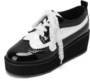 SHEMEE Women's Patent Leather Wedge Heel Platform Oxfords Pumps Wingtip Lace Up Round Toe Brogues Sneaker Shoes
