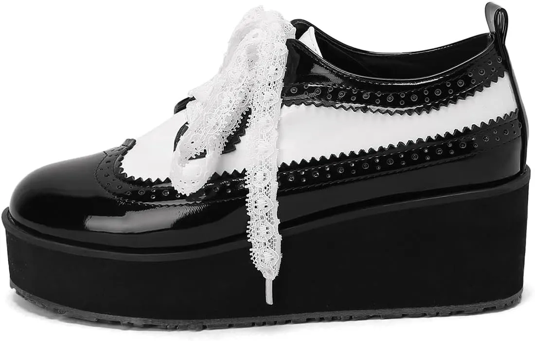 SHEMEE Women's Patent Leather Wedge Heel Platform Oxfords Pumps Wingtip Lace Up Round Toe Brogues Sneaker Shoes