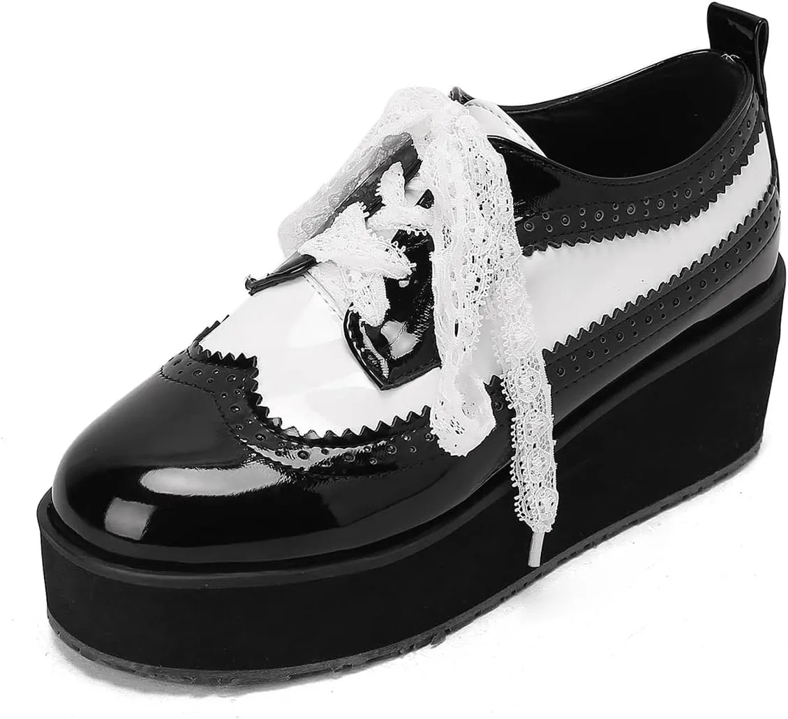 SHEMEE Women's Patent Leather Wedge Heel Platform Oxfords Pumps Wingtip Lace Up Round Toe Brogues Sneaker Shoes