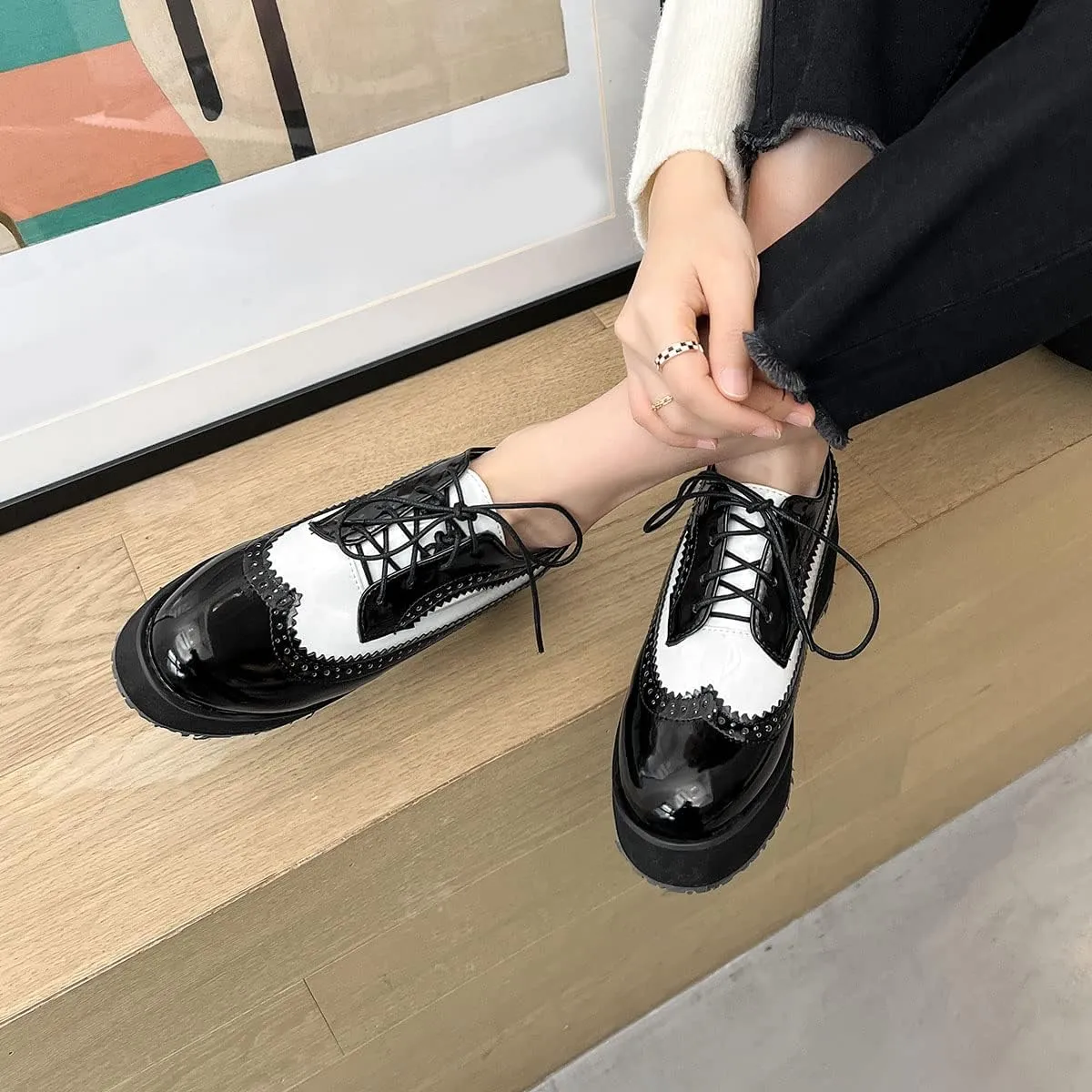 SHEMEE Women's Patent Leather Wedge Heel Platform Oxfords Pumps Wingtip Lace Up Round Toe Brogues Sneaker Shoes