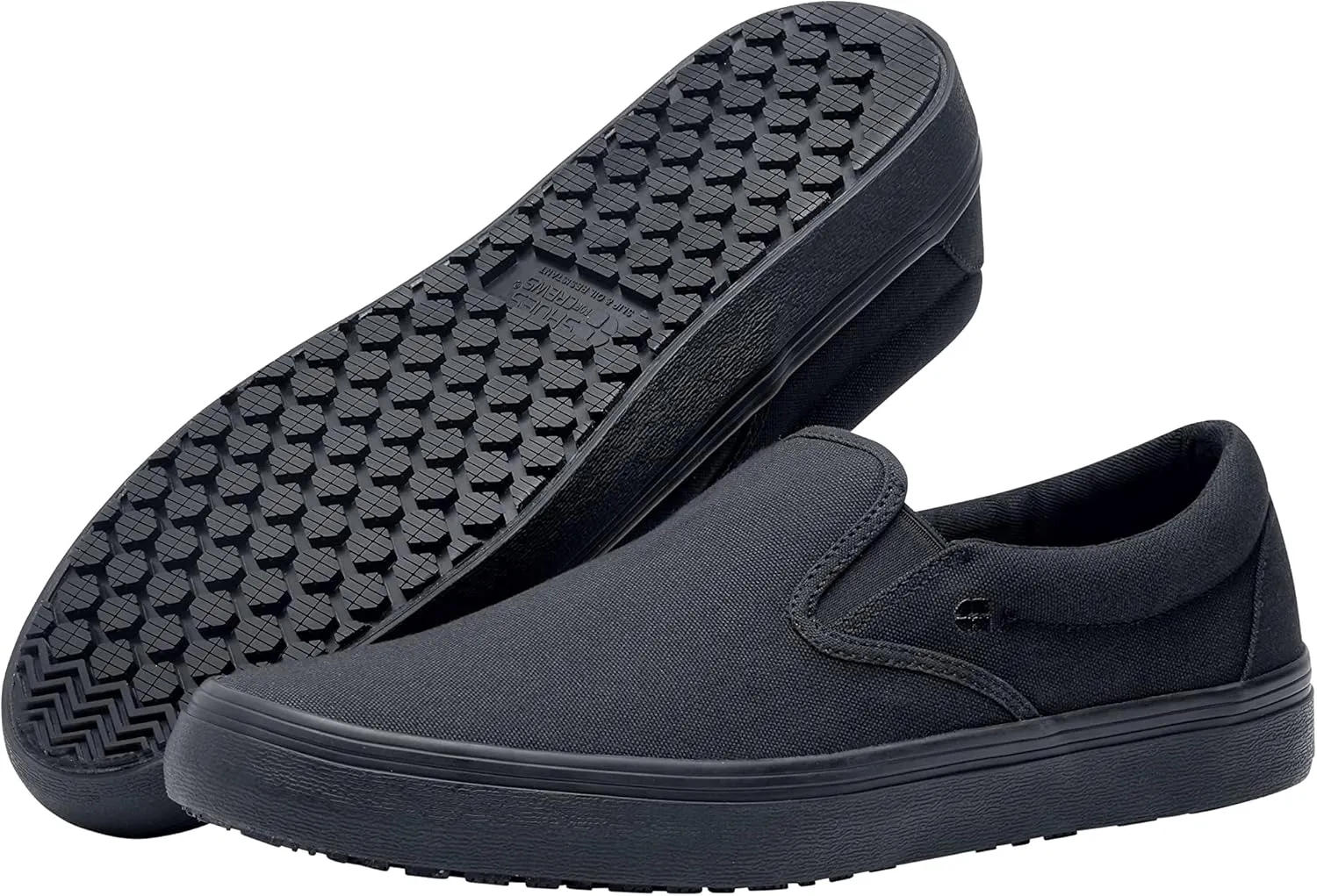 Shoes for Crews Merlin, Slip-On, Men's, Women's, Unisex, Slip Resistant Work Shoes, Black Canvas, Men's Size 7, Women's Size 8.5