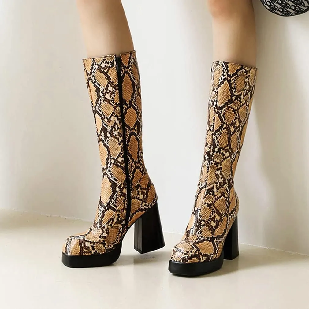 SO SIMPOK Womens Snakeskin Chunky Heel Mid Calf Boots Cowgirl Boots Ladies Zipper Pointed Toe Cosplay Knee High Boot