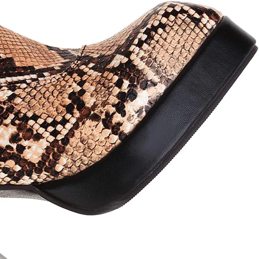SO SIMPOK Womens Snakeskin Chunky Heel Mid Calf Boots Cowgirl Boots Ladies Zipper Pointed Toe Cosplay Knee High Boot