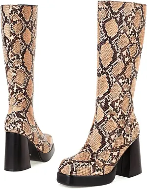 SO SIMPOK Womens Snakeskin Chunky Heel Mid Calf Boots Cowgirl Boots Ladies Zipper Pointed Toe Cosplay Knee High Boot
