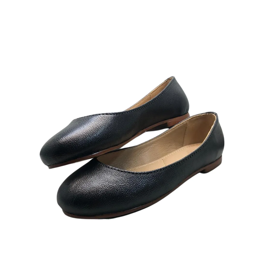 Stella Black Leather Ballet Flats For Girls
