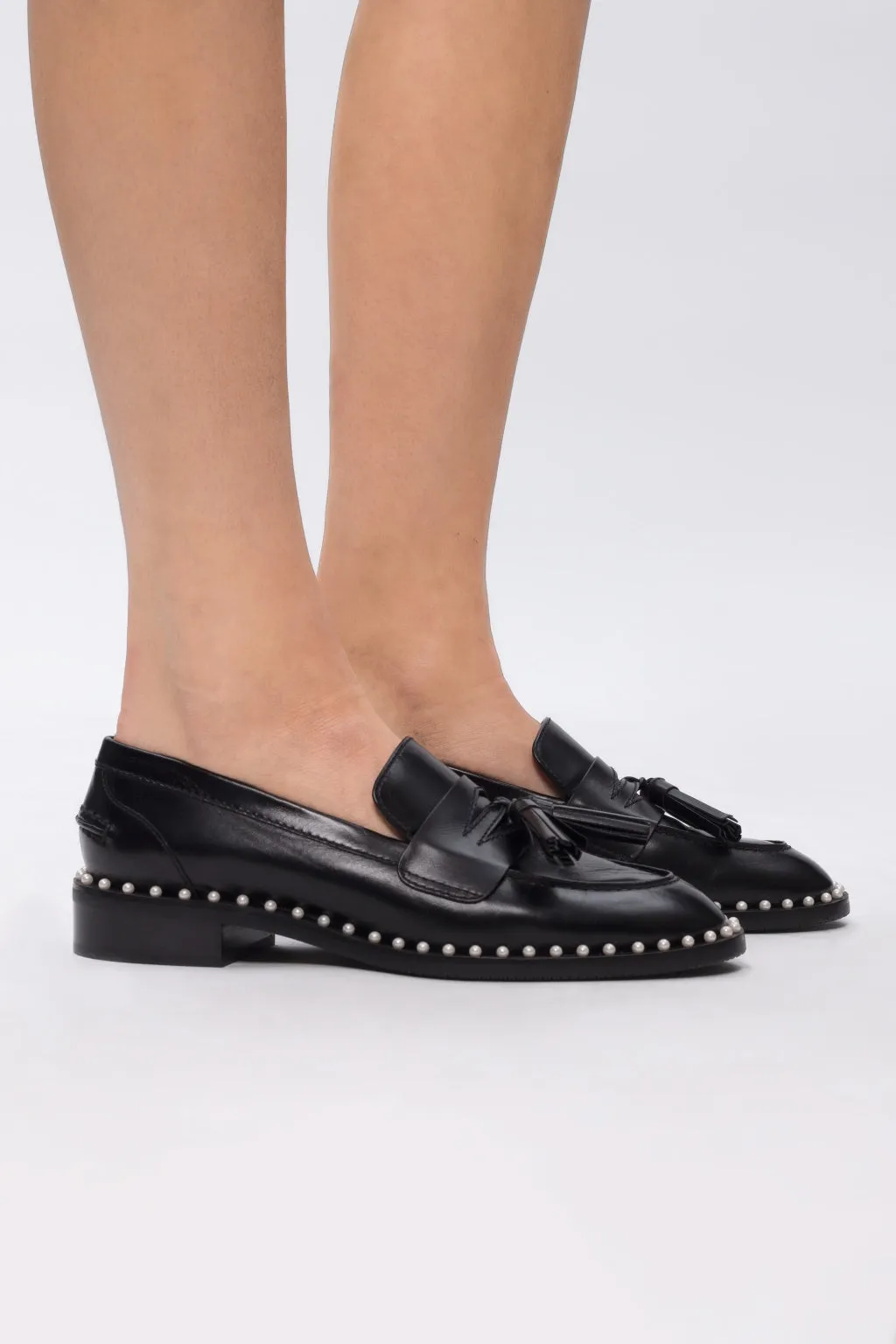 Stuart Weitzman Womens Kaylene Pearl Leather Loafer Heels Black 5.5 Medium (B,M)