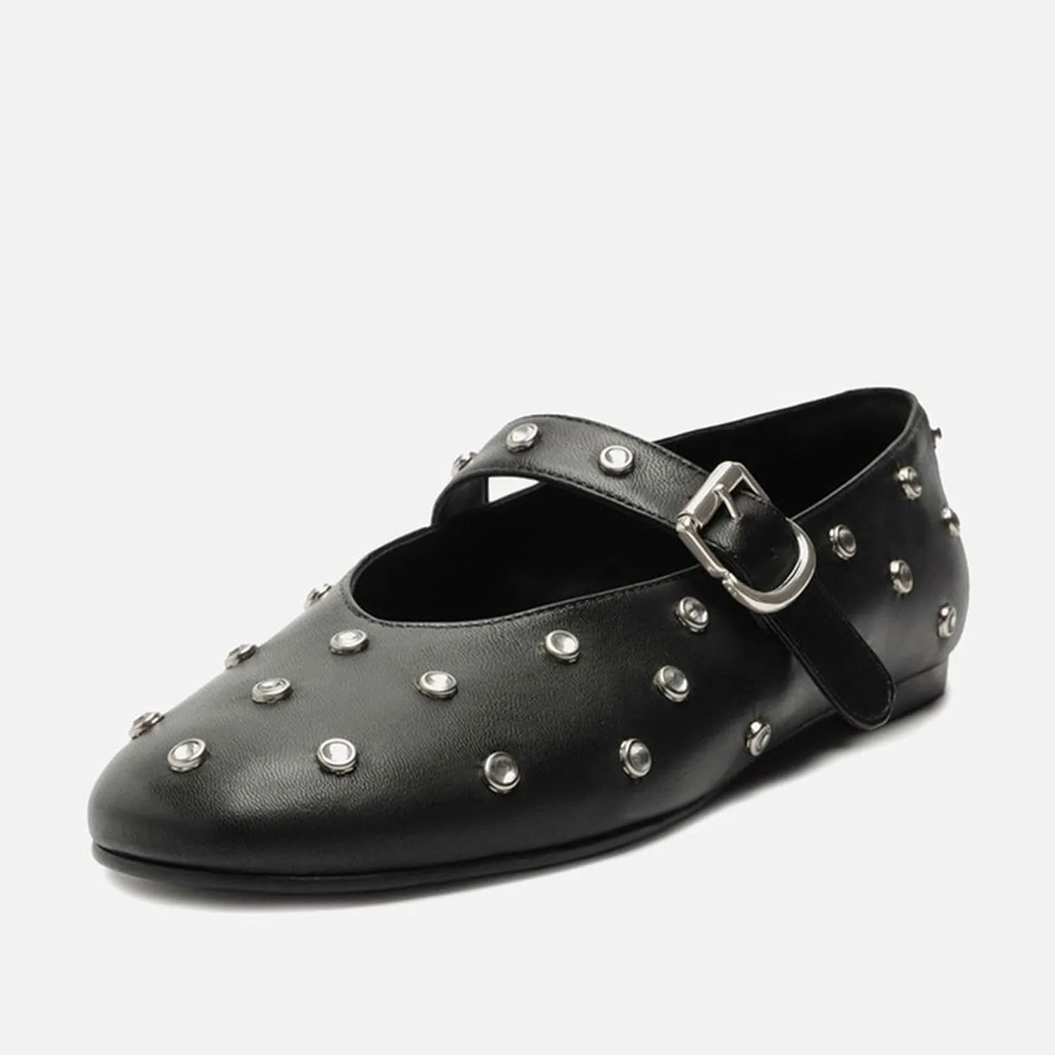 Studded Flats for Women Round Toe Rhinestone Ballet Shoes Mary Jane Style with Buckle Comfortable and Fashionable