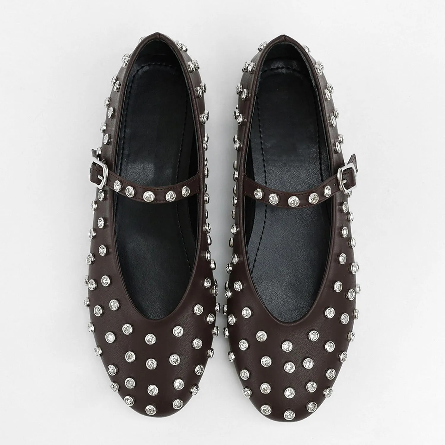 Studded Flats for Women Round Toe Rhinestone Ballet Shoes Mary Jane Style with Buckle Comfortable and Fashionable