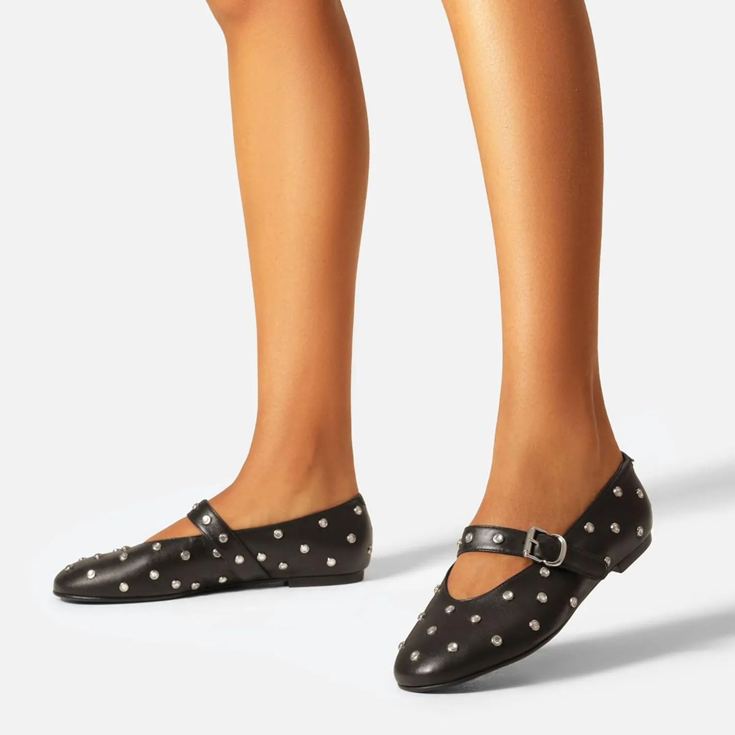 Studded Flats for Women Round Toe Rhinestone Ballet Shoes Mary Jane Style with Buckle Comfortable and Fashionable
