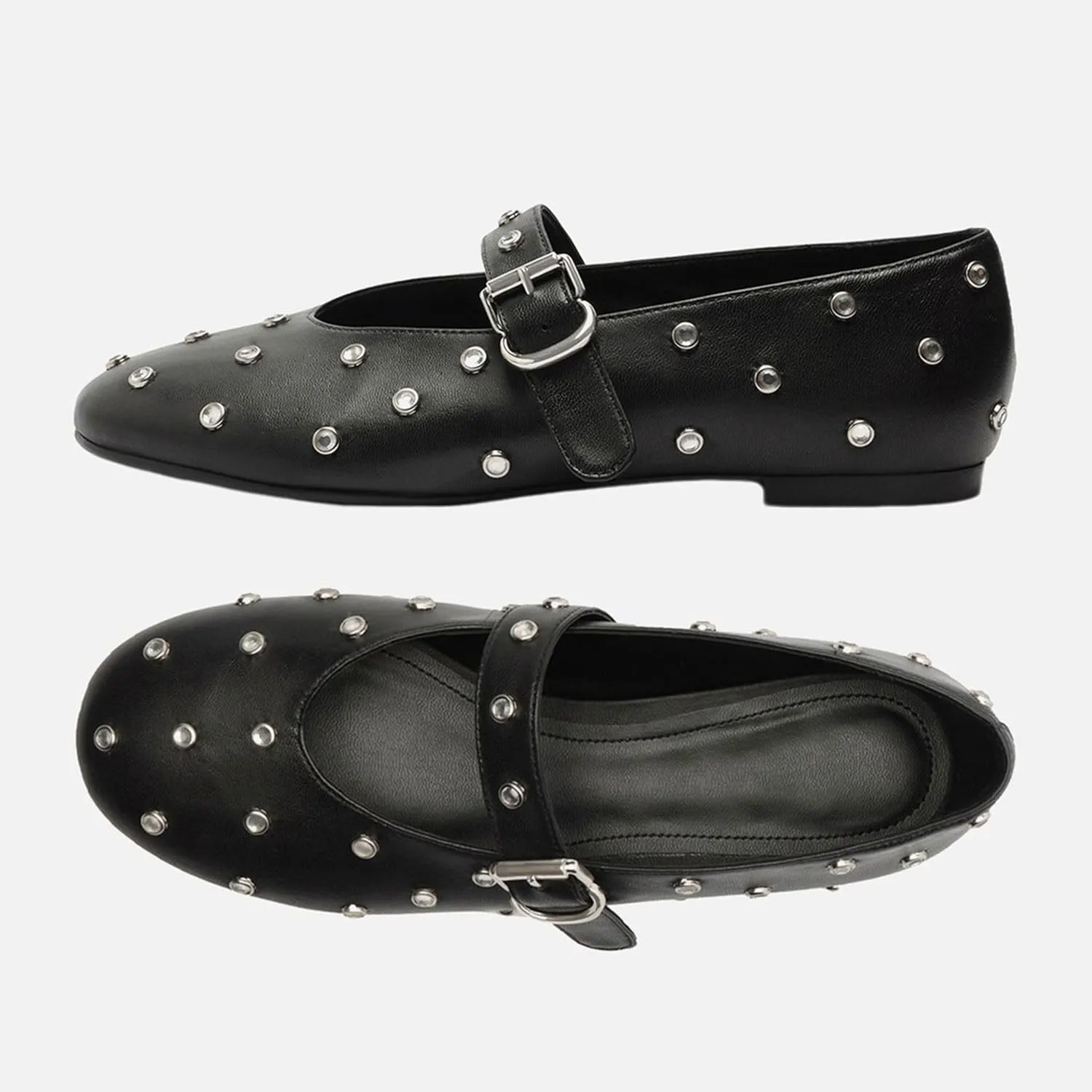 Studded Flats for Women Round Toe Rhinestone Ballet Shoes Mary Jane Style with Buckle Comfortable and Fashionable