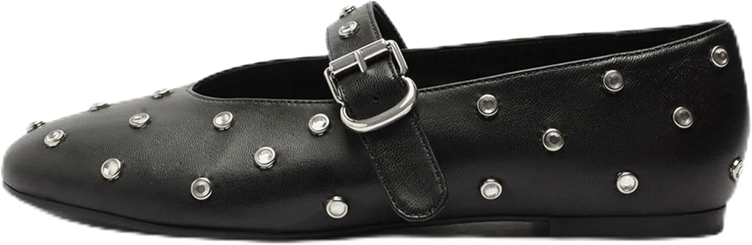 Studded Flats for Women Round Toe Rhinestone Ballet Shoes Mary Jane Style with Buckle Comfortable and Fashionable