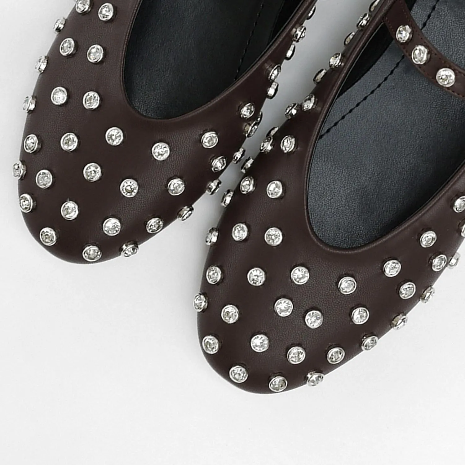 Studded Flats for Women Round Toe Rhinestone Ballet Shoes Mary Jane Style with Buckle Comfortable and Fashionable