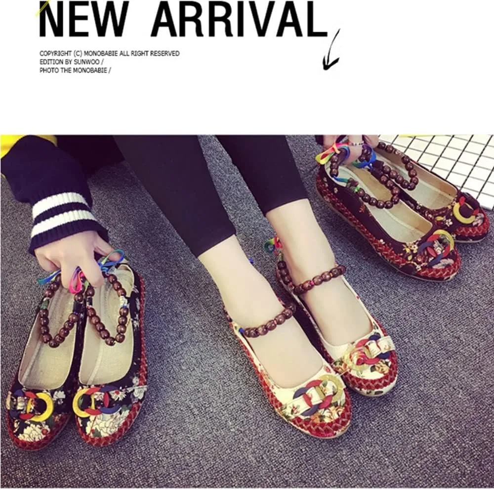 TangDao Women's Retro Women Ethnic Beading Round Toe Floral Embroidered Shoes Women Lace Up Casual Ballet Flats Shoes