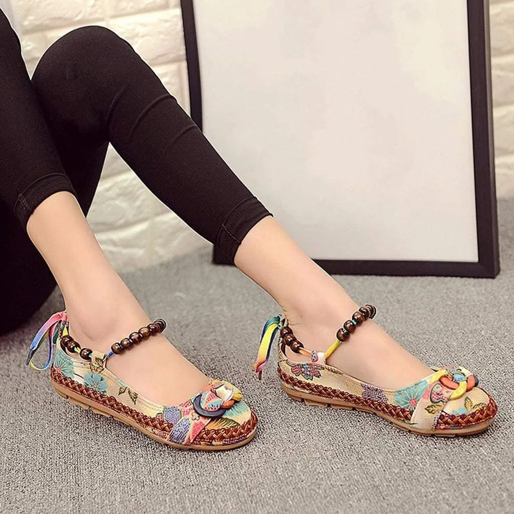 TangDao Women's Retro Women Ethnic Beading Round Toe Floral Embroidered Shoes Women Lace Up Casual Ballet Flats Shoes