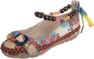 TangDao Women's Retro Women Ethnic Beading Round Toe Floral Embroidered Shoes Women Lace Up Casual Ballet Flats Shoes