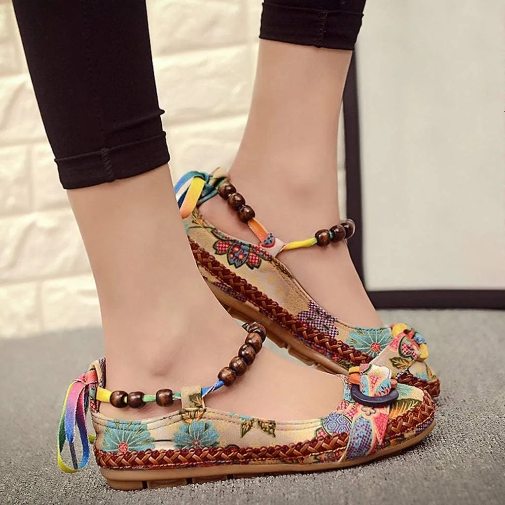 TangDao Women's Retro Women Ethnic Beading Round Toe Floral Embroidered Shoes Women Lace Up Casual Ballet Flats Shoes