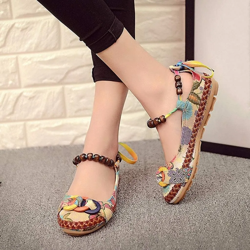 TangDao Women's Retro Women Ethnic Beading Round Toe Floral Embroidered Shoes Women Lace Up Casual Ballet Flats Shoes