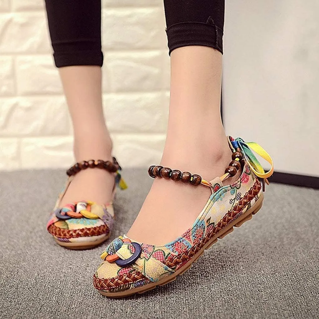 TangDao Women's Retro Women Ethnic Beading Round Toe Floral Embroidered Shoes Women Lace Up Casual Ballet Flats Shoes