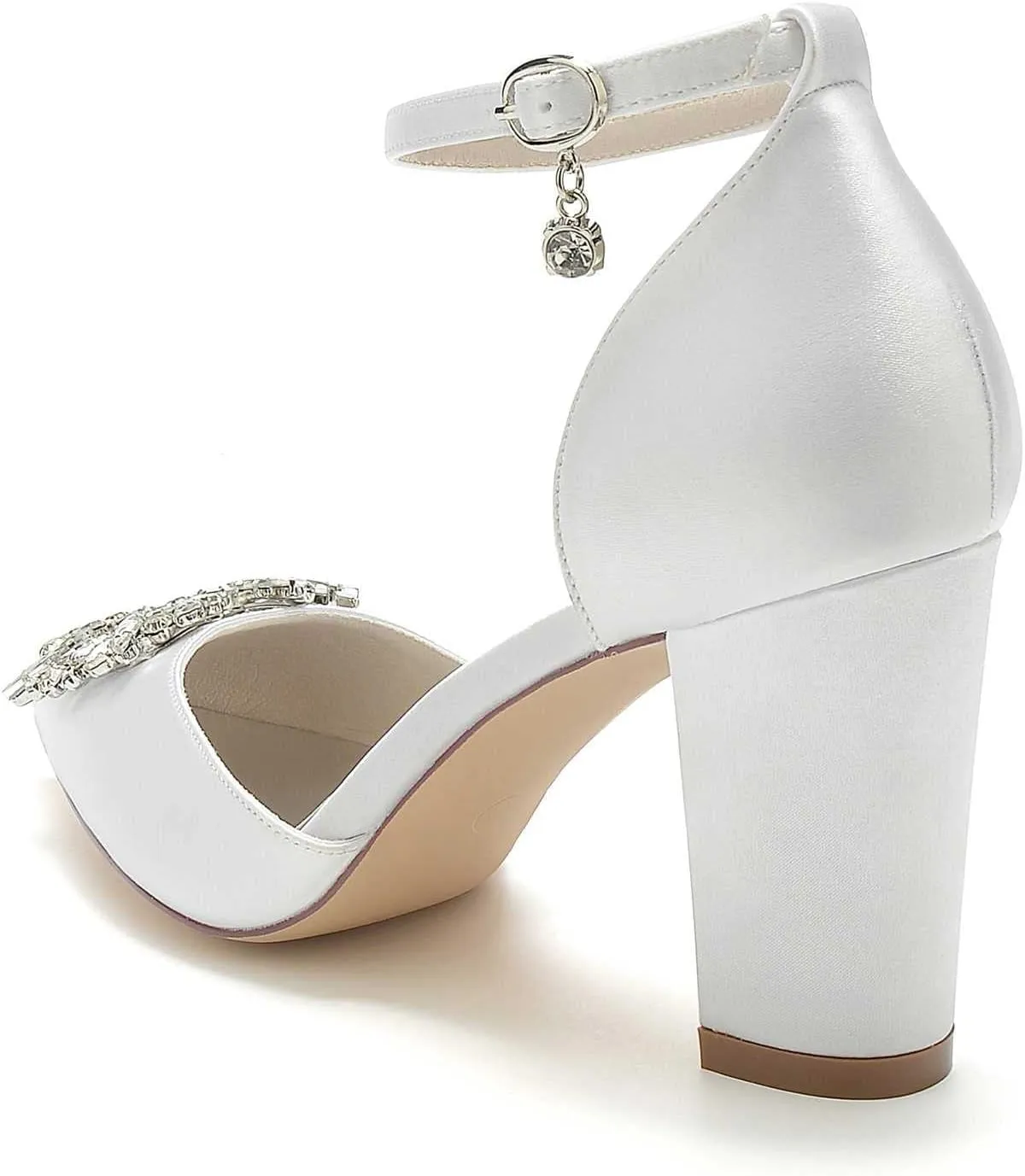 TarfiC Women's Pointed-Toe Satin Pumps with Ankle Strap, Buckle, & Rhinestones | Chunky High Heel Wedding Dress Shoes