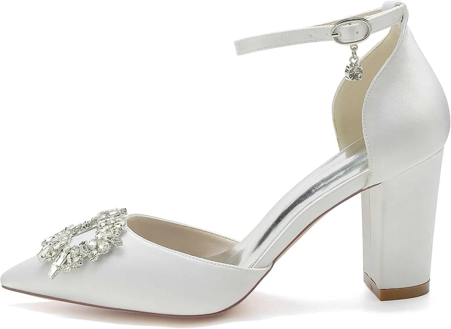 TarfiC Women's Pointed-Toe Satin Pumps with Ankle Strap, Buckle, & Rhinestones | Chunky High Heel Wedding Dress Shoes