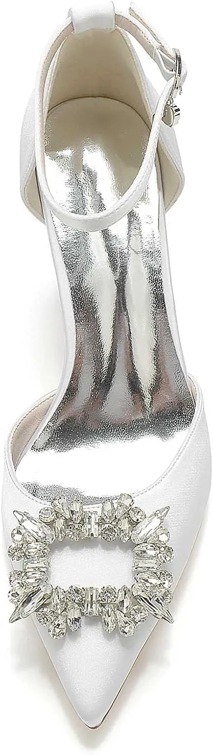TarfiC Women's Pointed-Toe Satin Pumps with Ankle Strap, Buckle, & Rhinestones | Chunky High Heel Wedding Dress Shoes