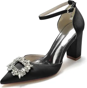TarfiC Women's Pointed-Toe Satin Pumps with Ankle Strap, Buckle, & Rhinestones | Chunky High Heel Wedding Dress Shoes