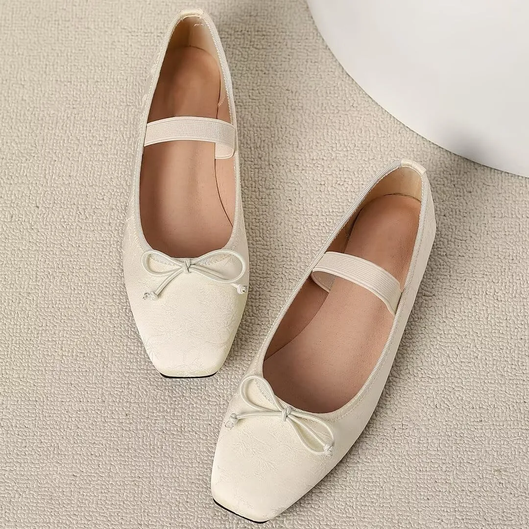 TN TANGNEST Leather Flats for Women Comfortable Square Toe Bowknot Ballet Flats Retro Slip On Mary Jane Flats