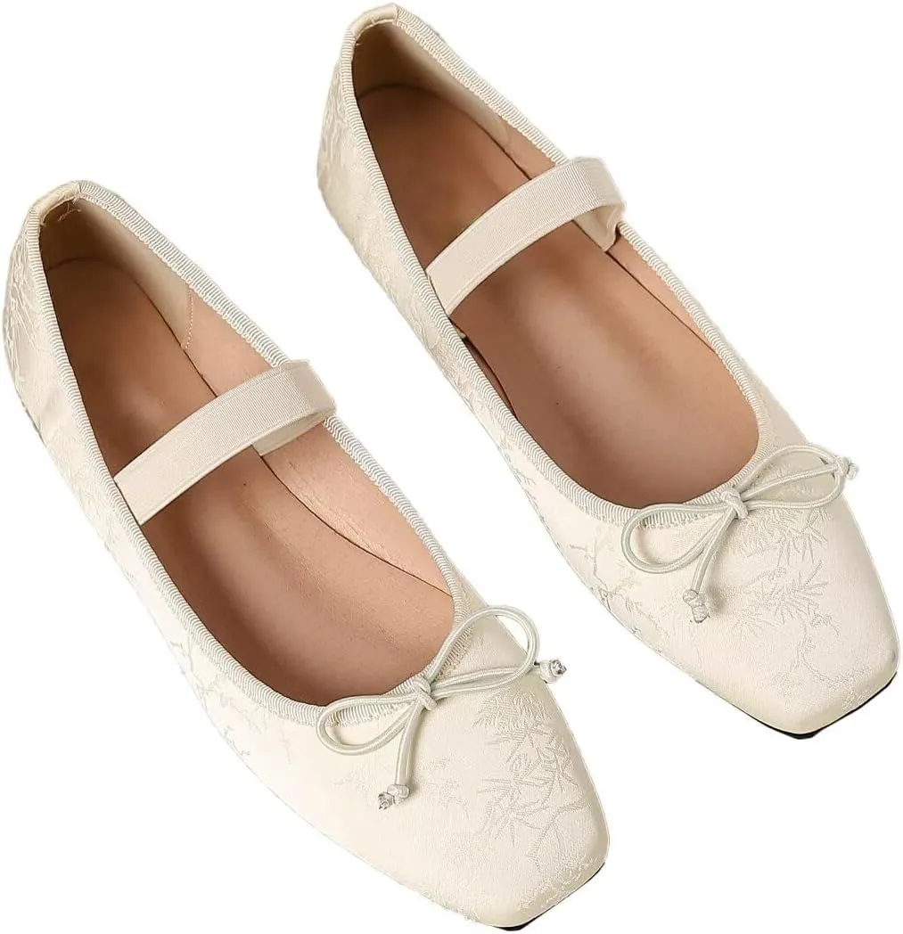 TN TANGNEST Leather Flats for Women Comfortable Square Toe Bowknot Ballet Flats Retro Slip On Mary Jane Flats