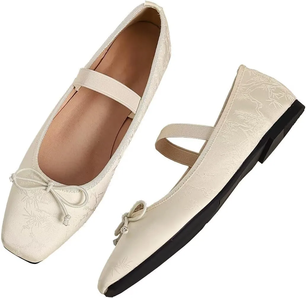 TN TANGNEST Leather Flats for Women Comfortable Square Toe Bowknot Ballet Flats Retro Slip On Mary Jane Flats