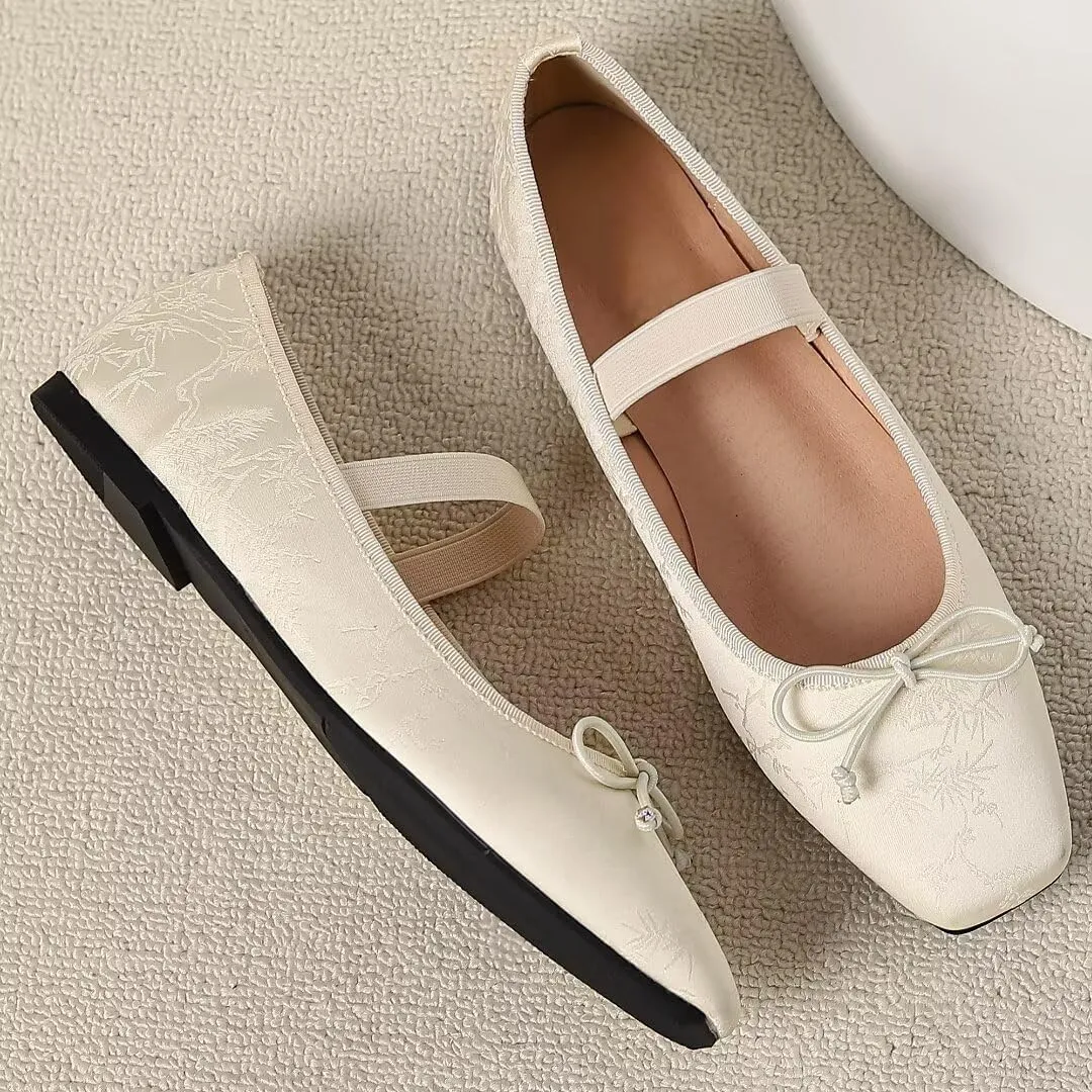TN TANGNEST Leather Flats for Women Comfortable Square Toe Bowknot Ballet Flats Retro Slip On Mary Jane Flats