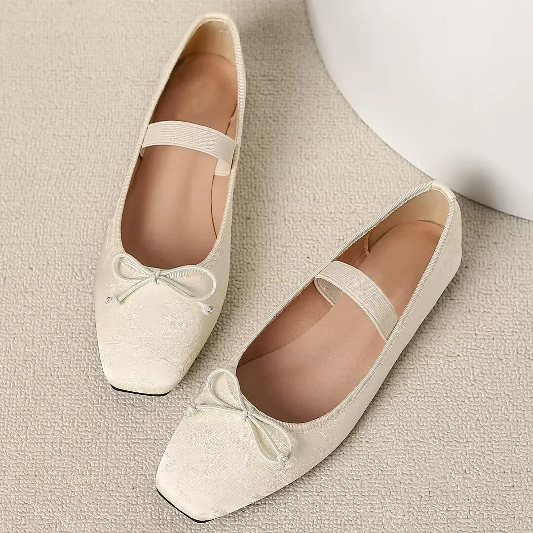 TN TANGNEST Leather Flats for Women Comfortable Square Toe Bowknot Ballet Flats Retro Slip On Mary Jane Flats