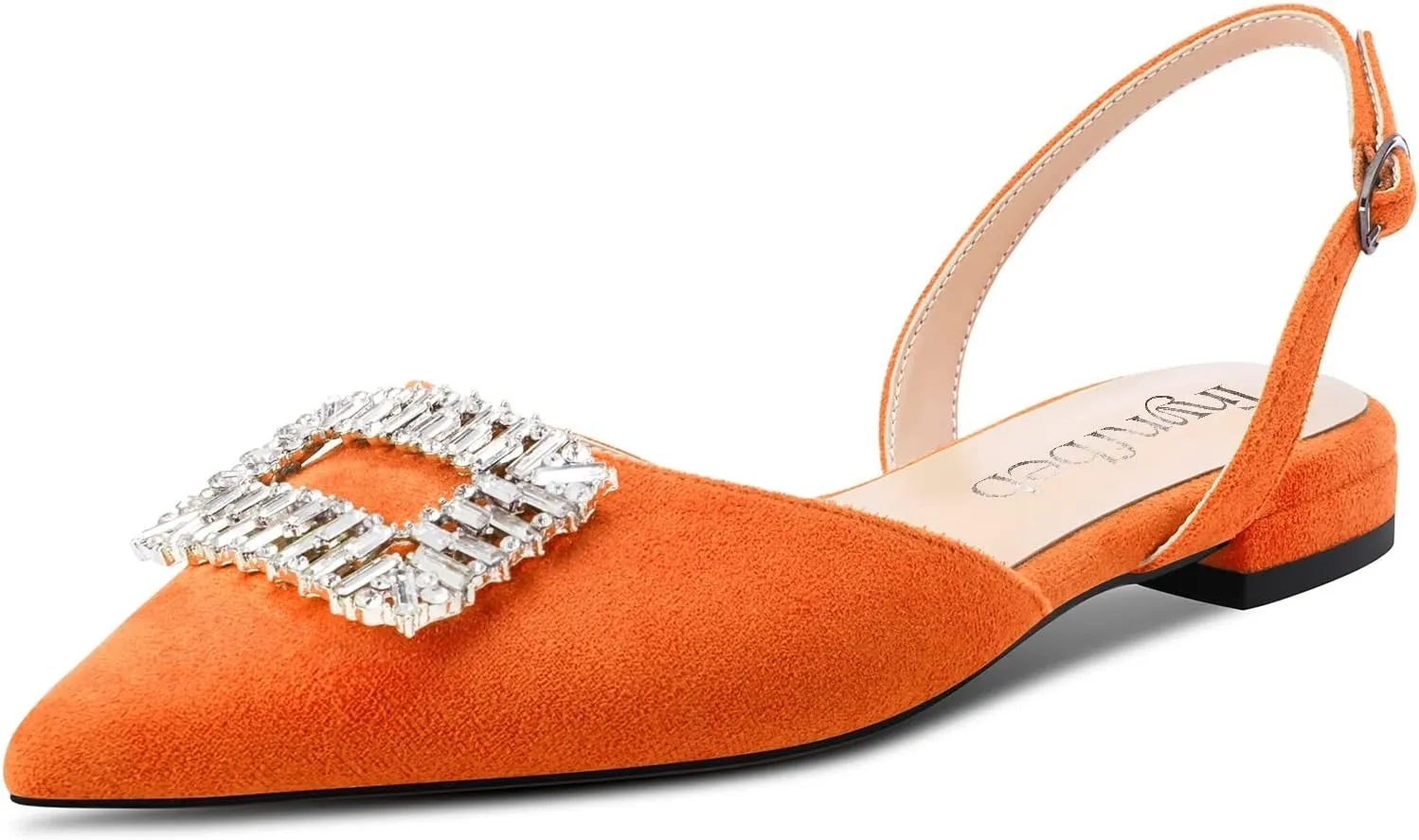 TNYNFBEB Women Chunky Block Low Heel Pointed Toe Flats Shoes Slingback Buckle Rhinestone Crystal Party Cute 0.6 Inches Heels