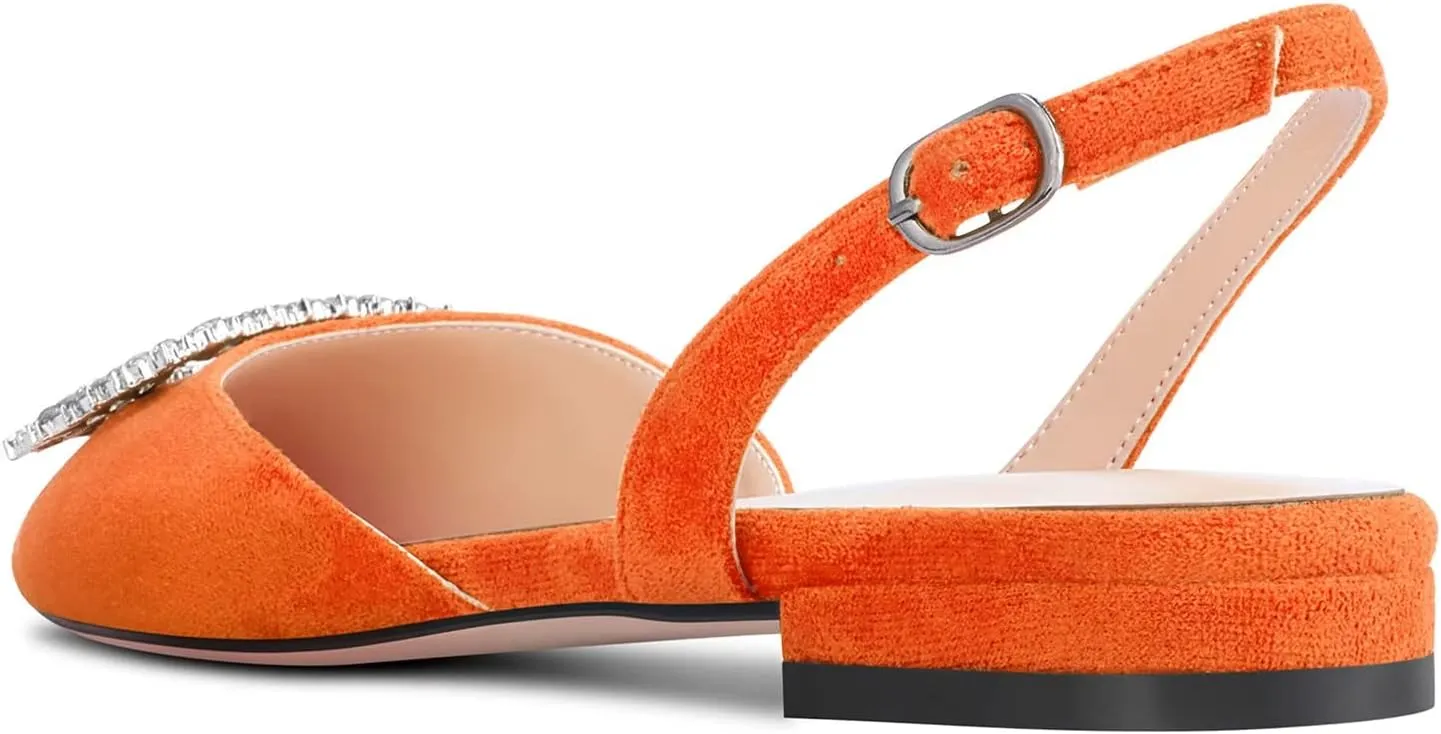 TNYNFBEB Women Chunky Block Low Heel Pointed Toe Flats Shoes Slingback Buckle Rhinestone Crystal Party Cute 0.6 Inches Heels