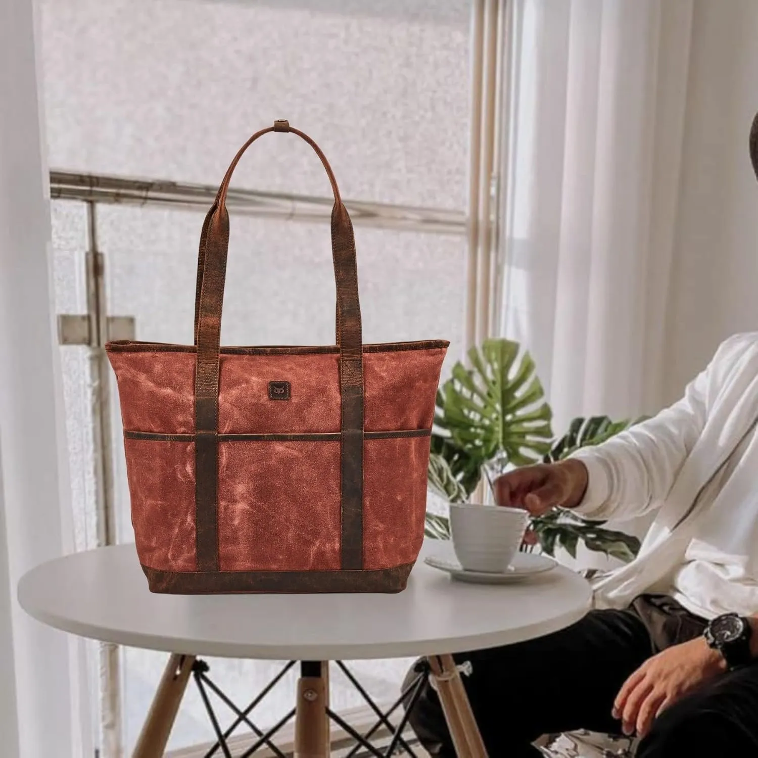 Tote Bag for Women Real Leather Shoulder Handbag Organizer Water Repellent Waxed Canvas