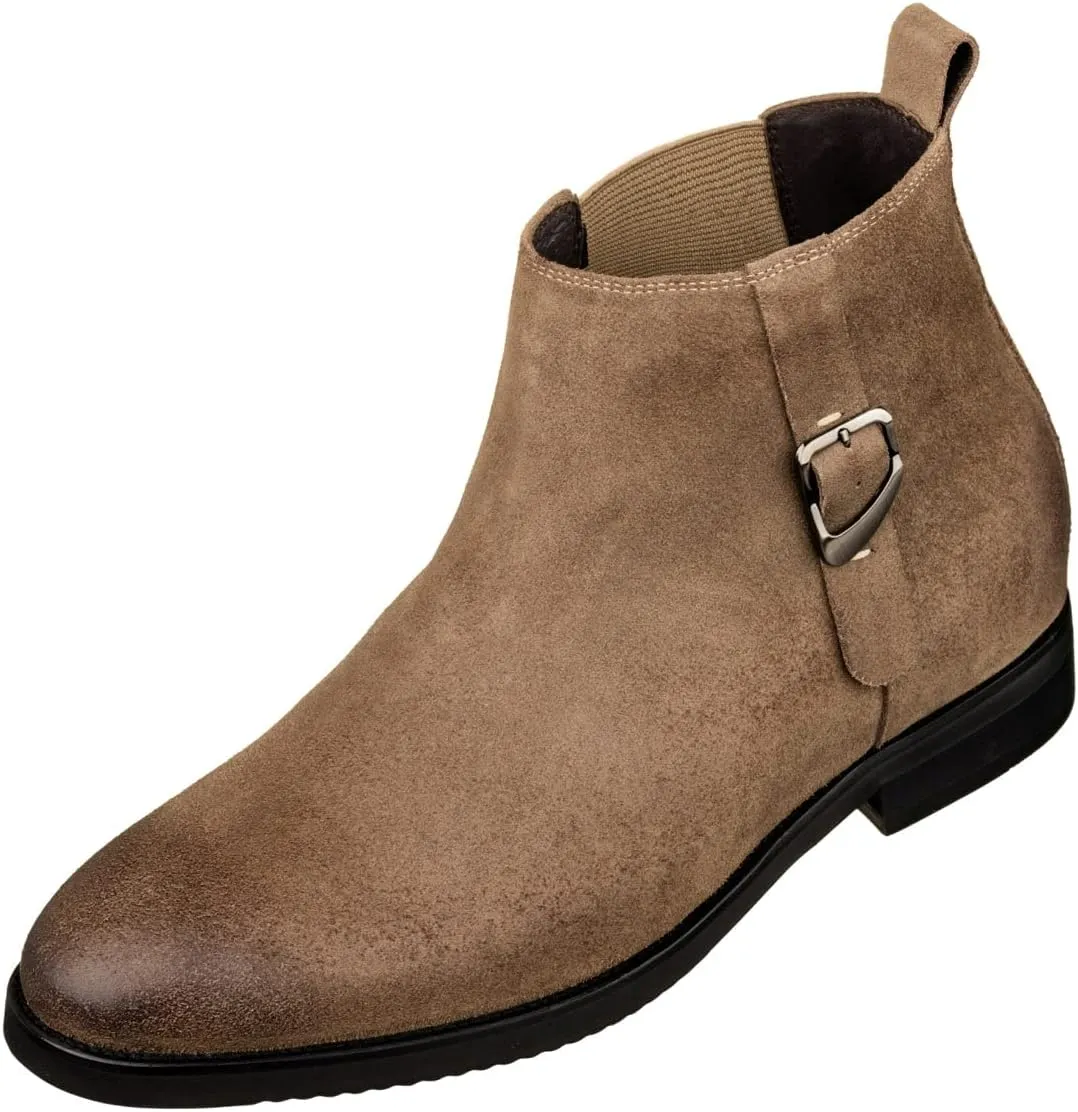 TOTO Men's Invisible Height Increasing Elevator Shoes - Coffee Brown Nubuck Leather Slip-on Chelsea Ankle Boots - 3.0 Inches Taller - K92083 - Size 11.5 D(M) US