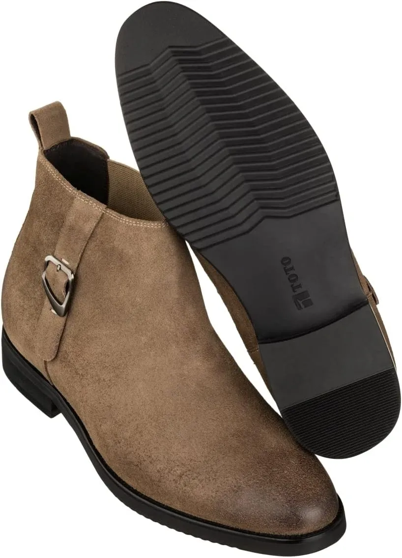 TOTO Men's Invisible Height Increasing Elevator Shoes - Coffee Brown Nubuck Leather Slip-on Chelsea Ankle Boots - 3.0 Inches Taller - K92083 - Size 11.5 D(M) US