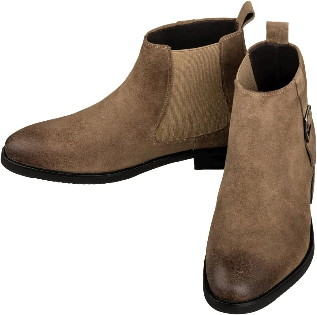TOTO Men's Invisible Height Increasing Elevator Shoes - Coffee Brown Nubuck Leather Slip-on Chelsea Ankle Boots - 3.0 Inches Taller - K92083 - Size 11.5 D(M) US
